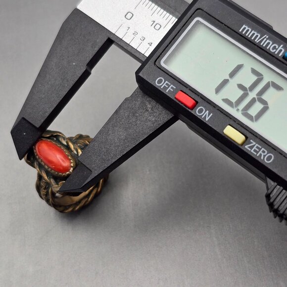 VTG Southwestern Brass & Red Coral Ring Size 8 Leaf Motif Etched Rope Band - Picture 10 of 12